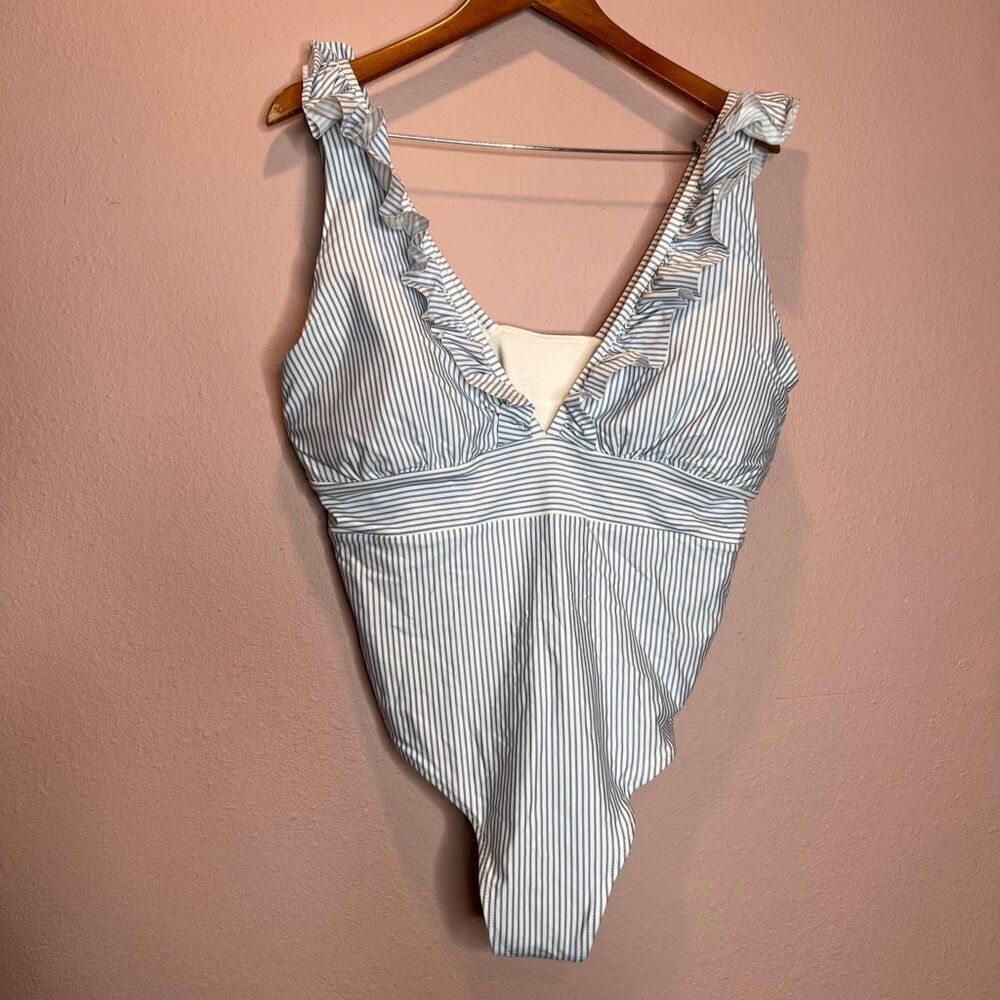 H&M striped one piece swimsuit ruffle on neck very cute
